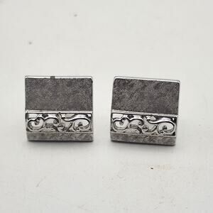 Swank Silver Tone Square Cufflinks .75" Textured Openwork Scroll Band Pair